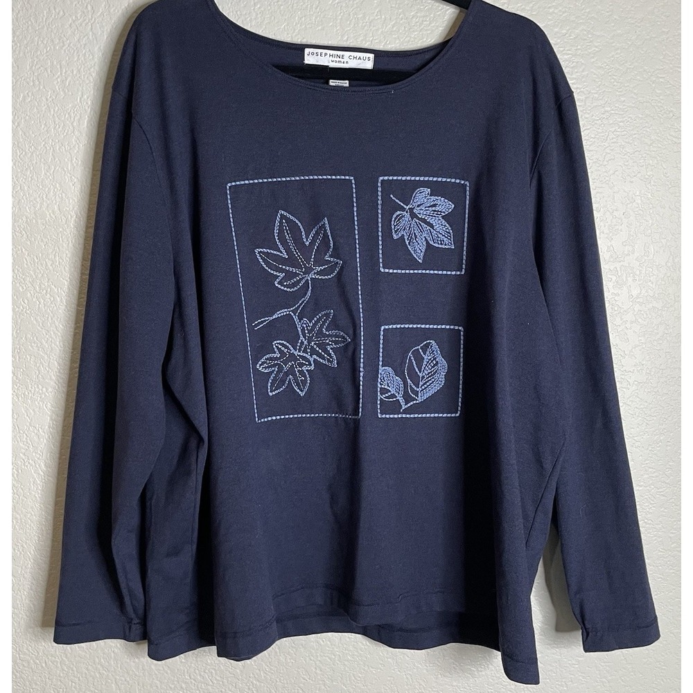 Josephine Chaus 2 US 2X Long Sleeve Top Navy Blue Embroidered Leaf Jersey Knit